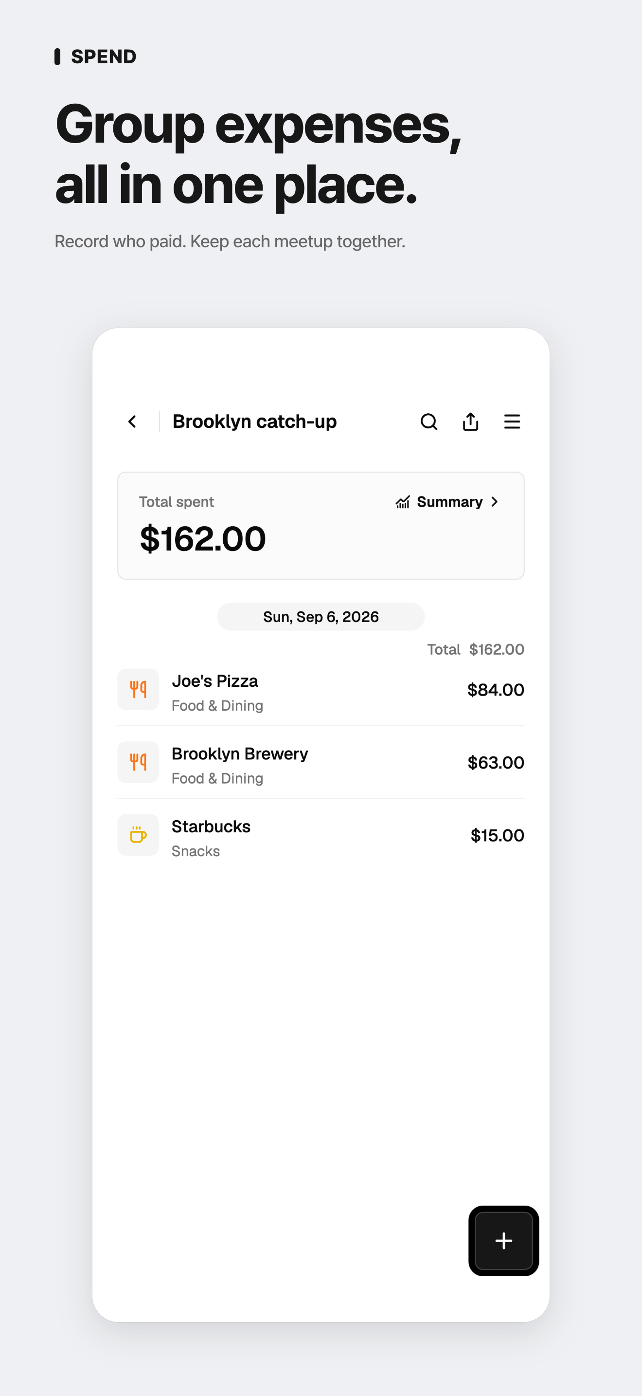 Group expenses from a Brooklyn meetup, with three expenses totaling 162 US dollars.