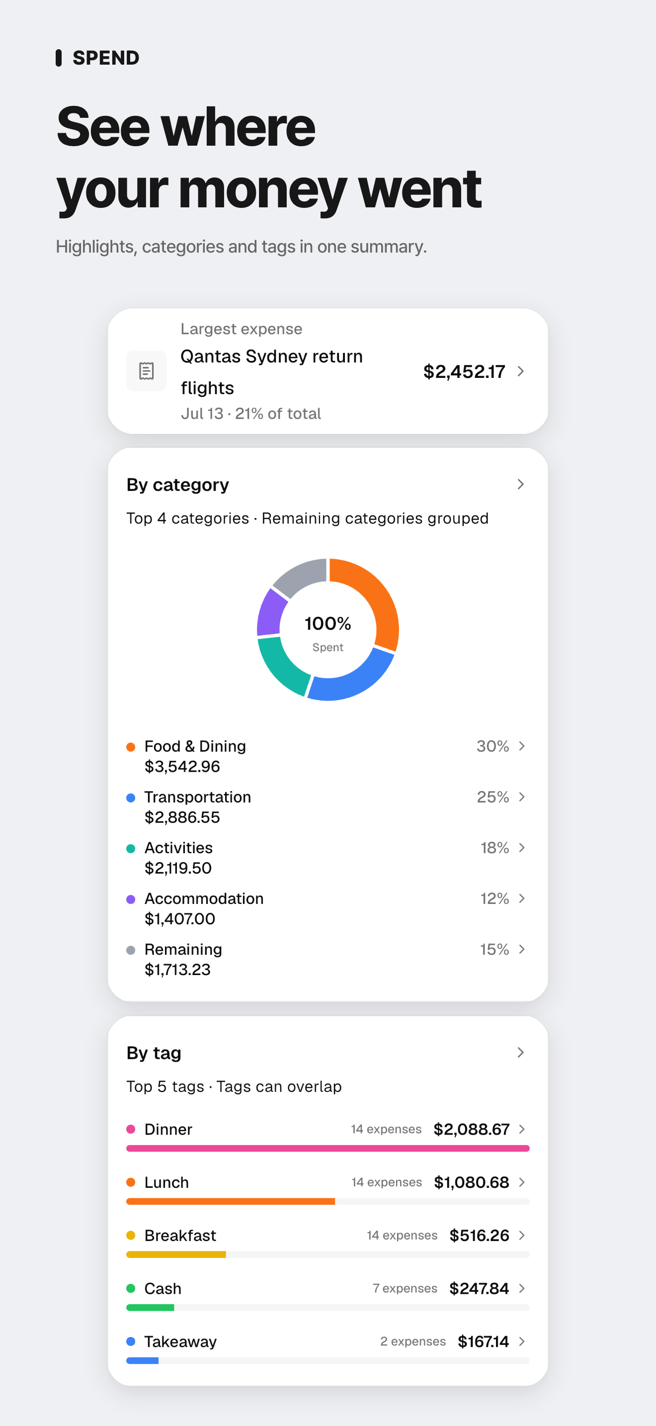 Review spending highlights, categories and tags.