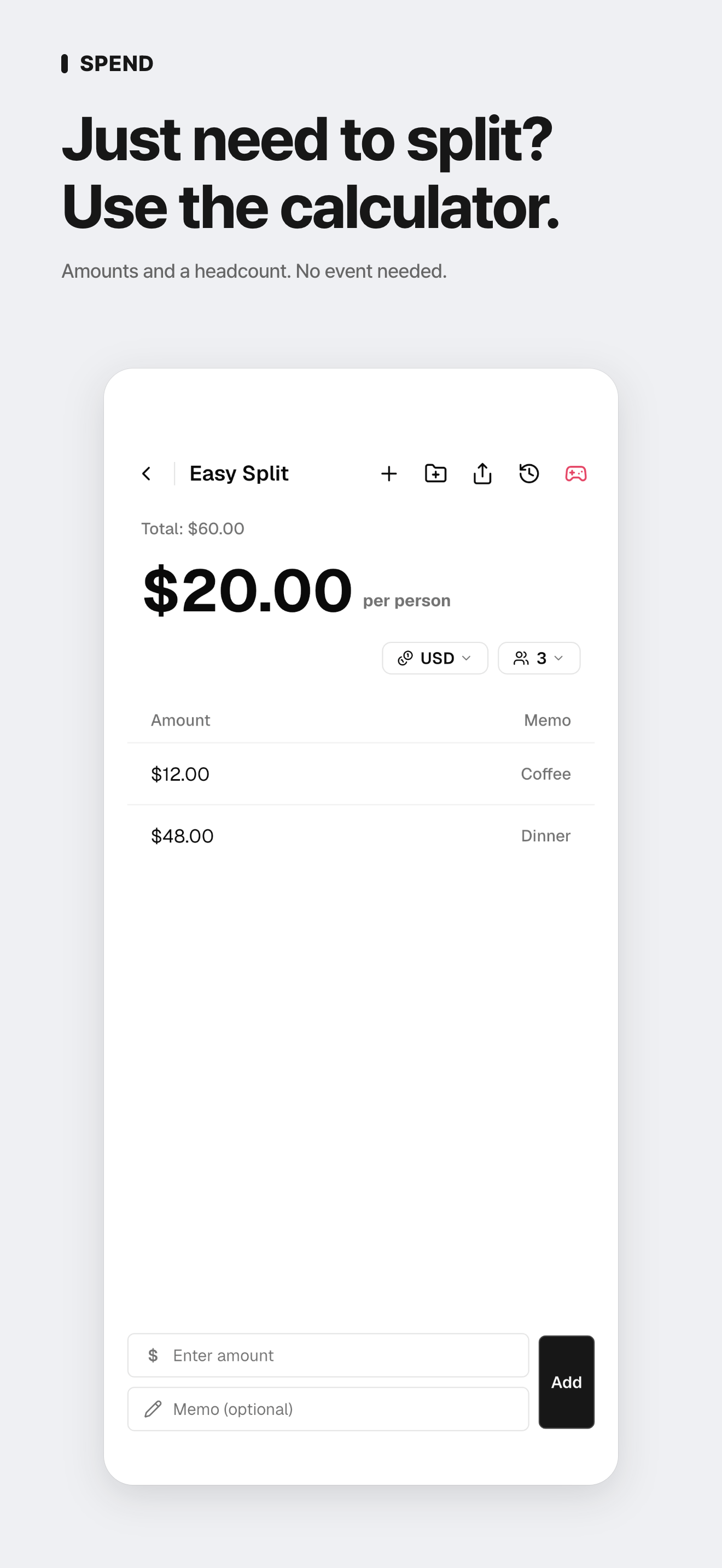 Quick calculator: split a 60 dollar bill between three people, 20 dollars each.